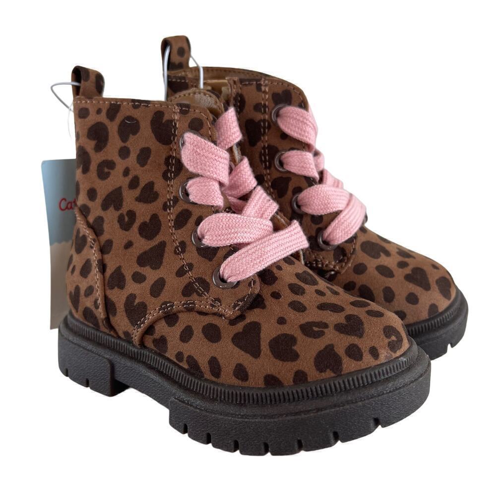Cat & Jack Brown Leopard Print Kids Boots with Pink Laces